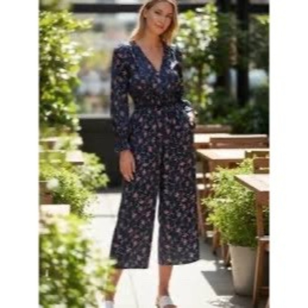 Outerknown Womens Jumpsuit Rimper Navy Blue Pink Floral Long Sleeve